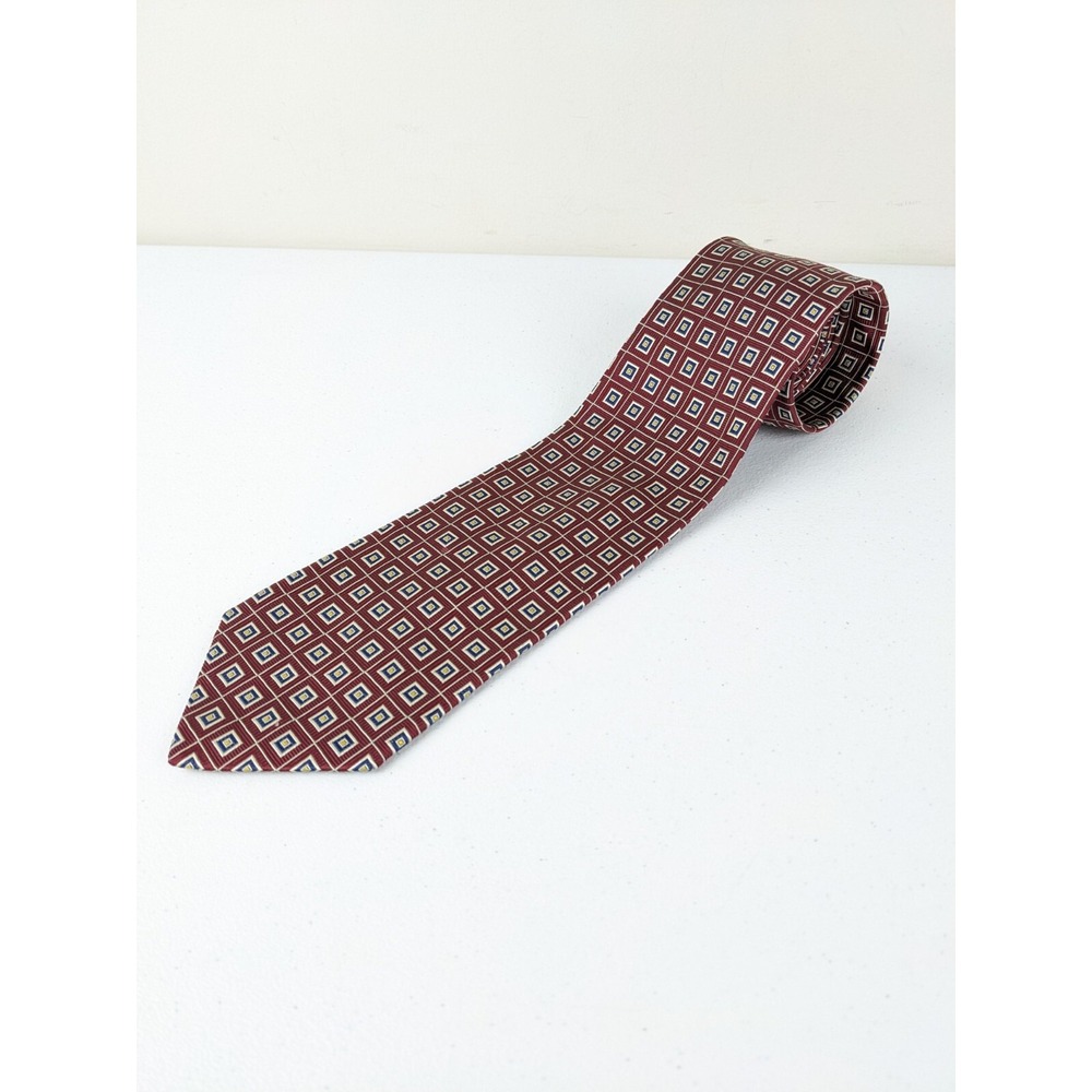 Brooks Brothers Silk Neck Tie Burgundy Red with Silver Woven Square Pattern